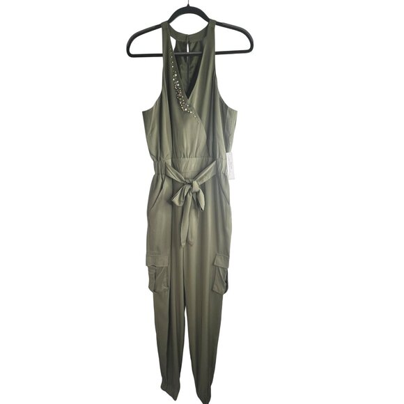 Venus Olive Green Sleeveless Jumpsuit With  Rhinestone Embellishment Neckline L - Picture 2 of 12